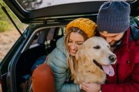 man and woman hugging golden retreiver